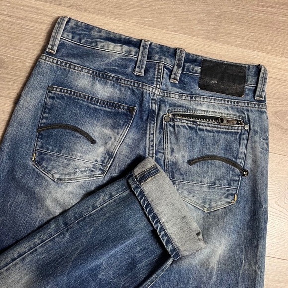 Y2K G Star RAW Attacc Low Straight Jeans Blue Distressed Denim Jeans Size 30